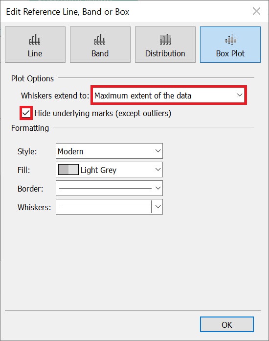 Edit window with both the item "Maximum extent of the data" in the drop-down menu and the "Hide underlying markers (excerpt outliers)" check box highlighted.