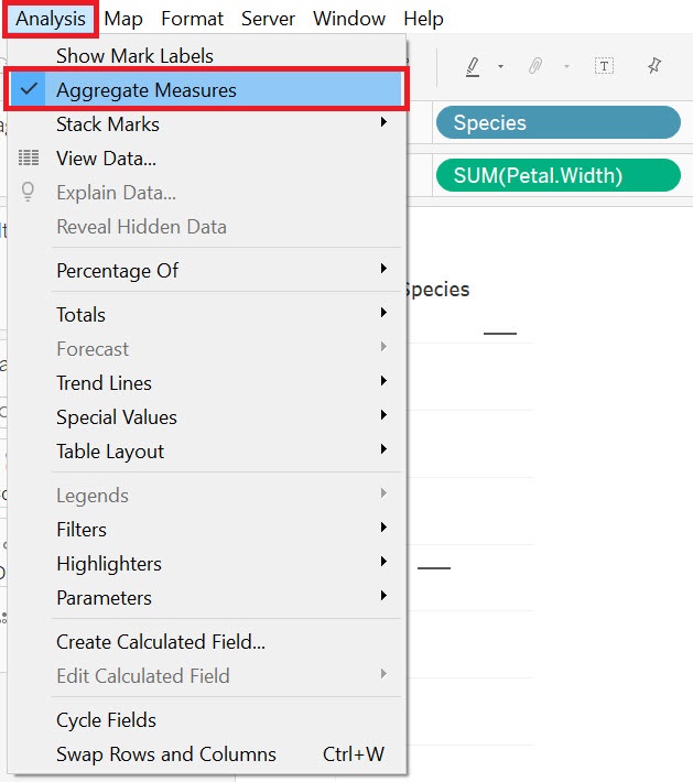 The Analysis menu with the item "Aggregate Measures" highlighted.