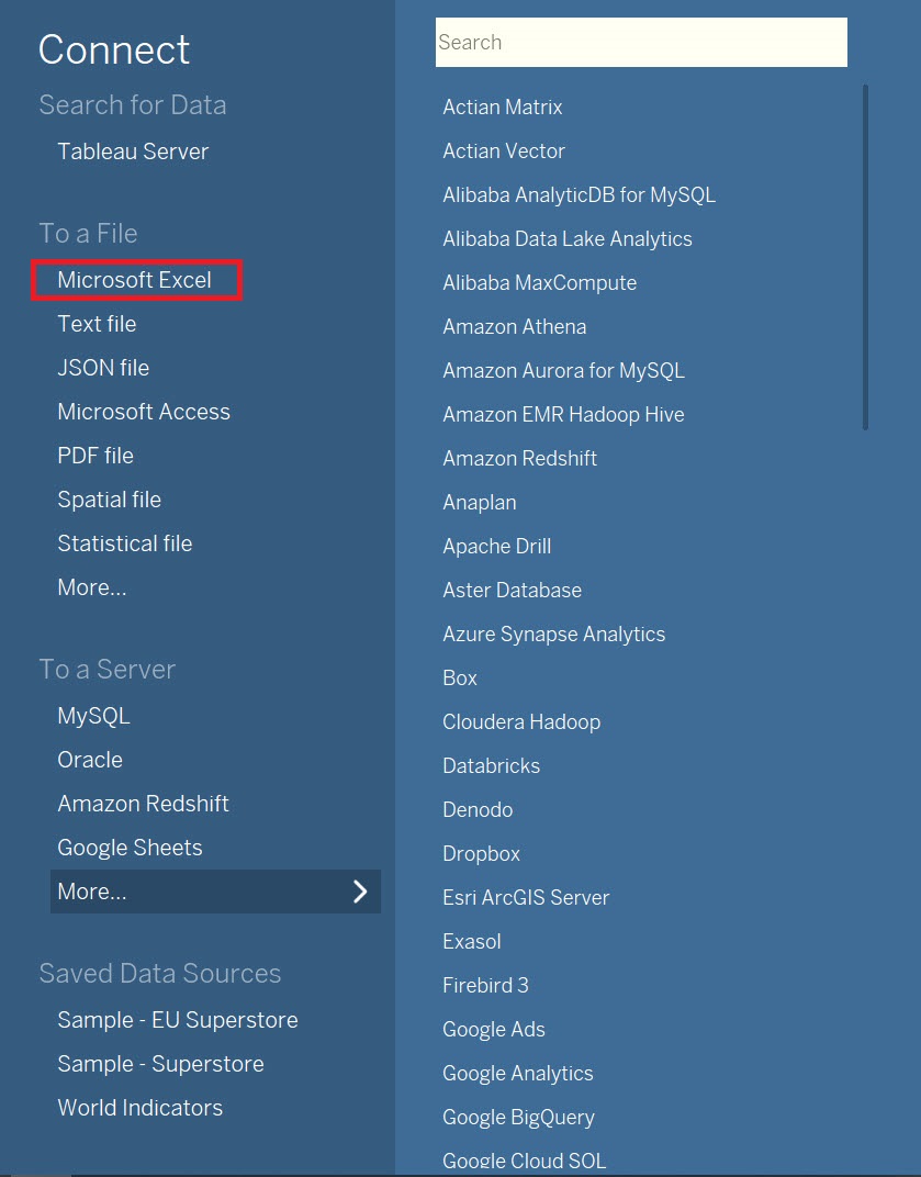 Tableau's connect menu with the menu-item "Microsoft Excel" highlighted.