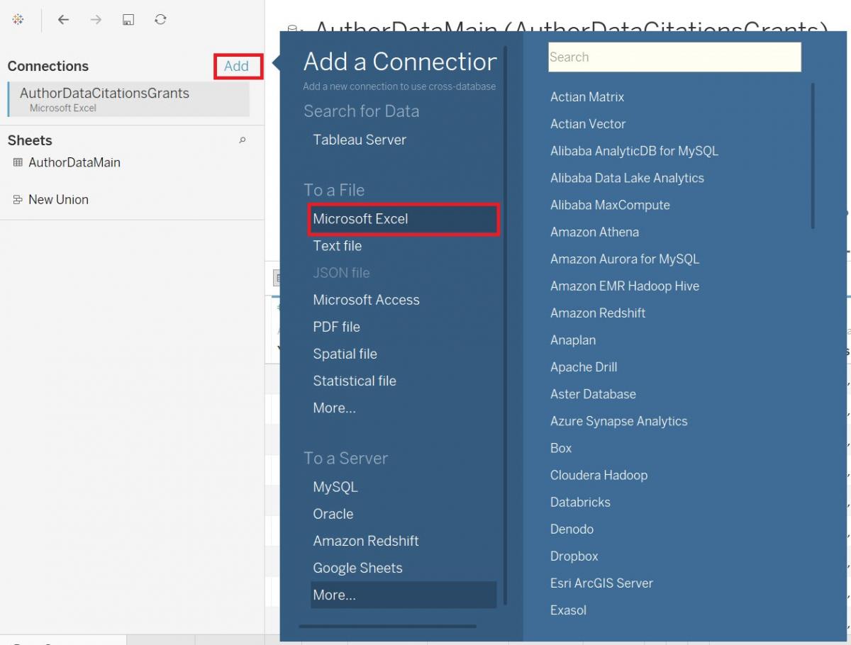 The "Add" button as well as the item "Microsoft Excel" in the "Add a Connector" window both highlighted.