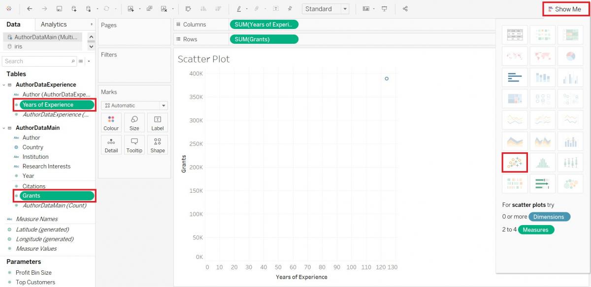Highlight of the Grants and Years of Experience variable in the Measures section as well as the Scatter Plot item in the "Show Me" tab all highlighted.