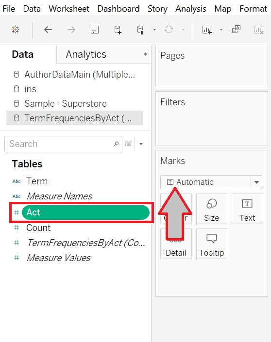 The Act variable in the Measures section highlighted and an arrow beside it pointing towards to Dimensions section.