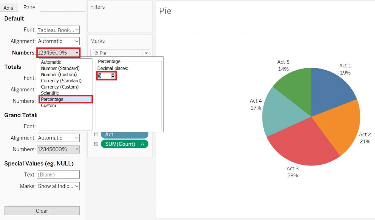 The Format Pane with the Number drop-down menu. In this drop-down menu, the item "Percentage” is highlighted as well as the "Decimal places" input box.