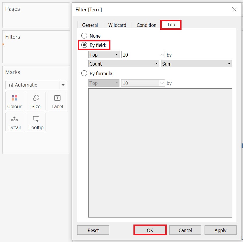The Filter window with the "Top" tab and the "By field:" option as well as the "OK" button all highlighted.