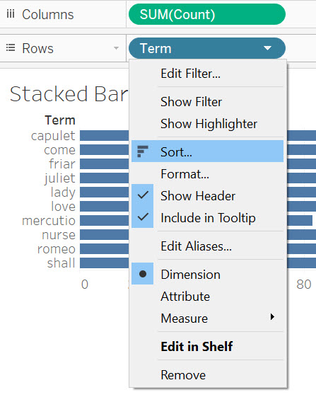 The Term pill drop down menu with the item "Sort" selected.