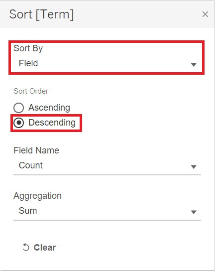 The Sort window with the "Sort By" drop-down menu and the "Descending" option both highlighted.