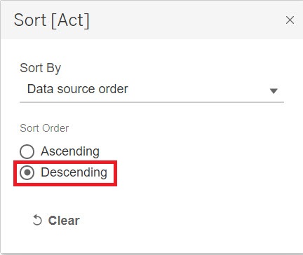 The Sort window with the option Descending highlighted.