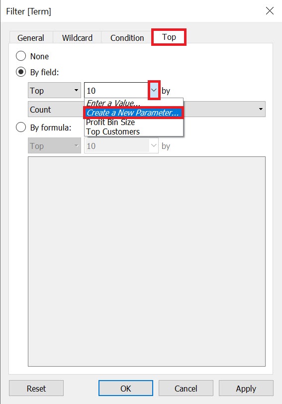 The Filter window with the tab "Top" highlighted as well as the Top drop-down menu. In the drop-down menu, the item, "Create a New Parameter..." is highlighted.