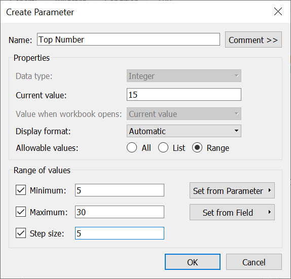 The Create Parameter window filled out as per the instructions above.