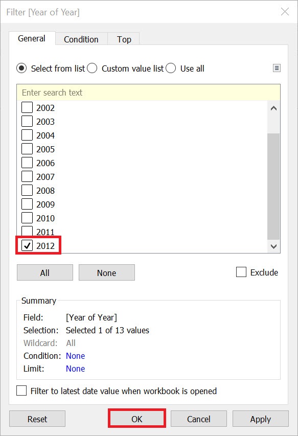 The Filter window with the 2012 list item checked and highlighted. The OK button at the bottom is also highlighted.