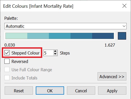 The Edit Colours window with the option "Stepped Colour" checked and highlighted.