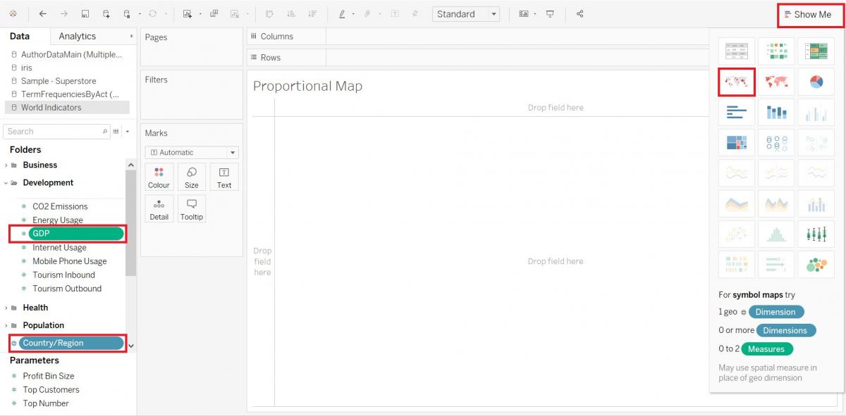 The Country/Region variable in the Dimensions section, the GDP variable in the Measures section and the Proportional Map option in the Show Me tab, all highlighted.