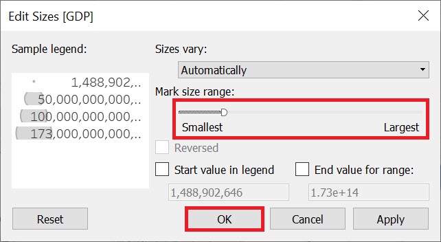 The Edit Sizes window with the "Mark size range" slider and the "OK" button highlighted.