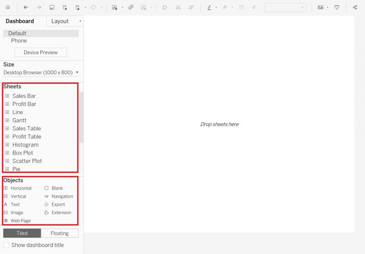 The Sheets and Objects sections in the Side Bar, both highlighted.