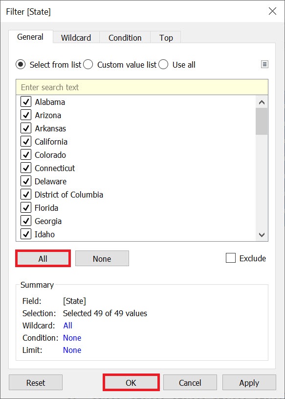 The Filter window with the "All" and "OK" buttons highlighted.
