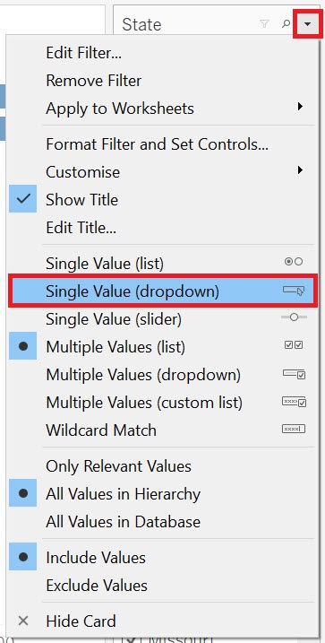 The legend drop-down menu with the item "Single Value (dropdown)" highlighted.
