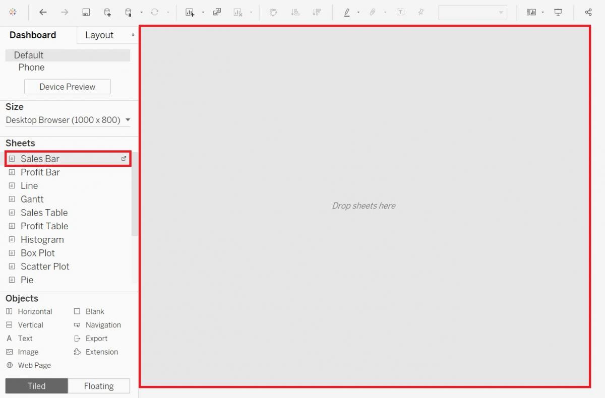 The item Sales Bar in the Sheets section as well as the entire dashboard, both highlighted.