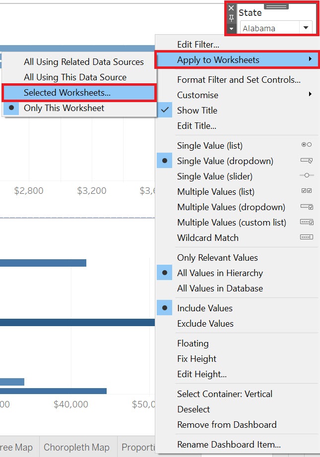 The State drop-down menu with the menu item "Apply to Worksheets" highlighted. The sub-menu item "Selected Worksheets..." is also highlighted.