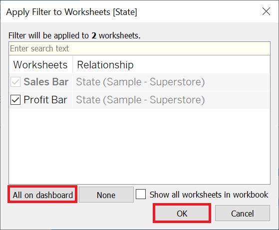 The Apply Filter to Worksheets window with the "All on dashboard" and "OK" buttons both highlighted.