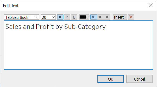 The Edit Text window with the title "Sales and Profit by Sub-Category" entered.
