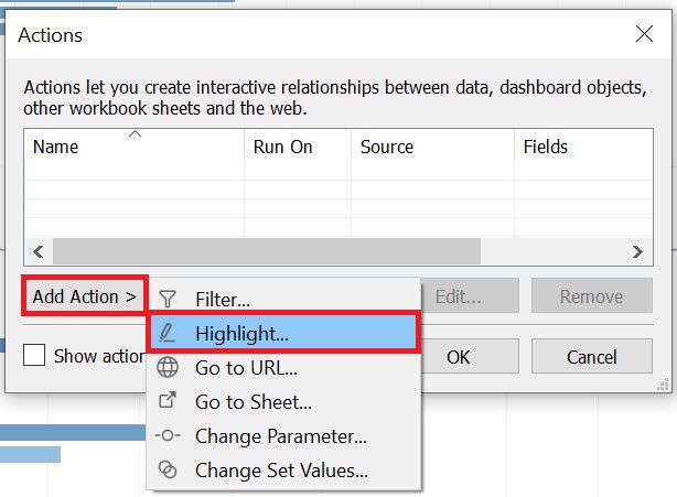 The Actions window with the "Add Action>" button highlighted. The "Add Action>" menu with the item "Highlight…" is also highlighted.