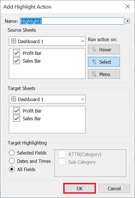 The "Add Highlight Action" window with the "OK" button highlighted. 