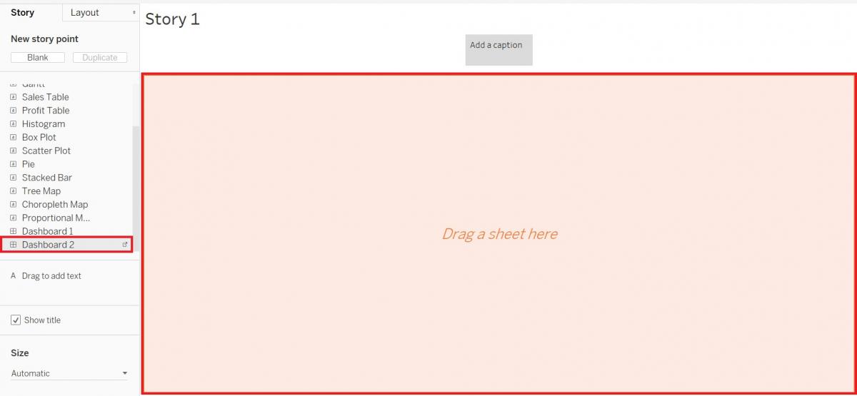 Dashboard 2 and the entire Story page highlighted.