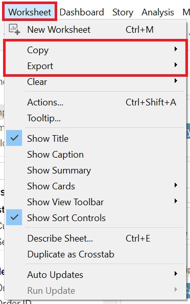 The Worksheet drop-down menu with the menu items "Copy" and "Export" highlighted.