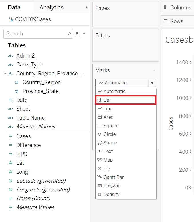 The menu item 'Bar' highlighted in the Marks dropdown menu