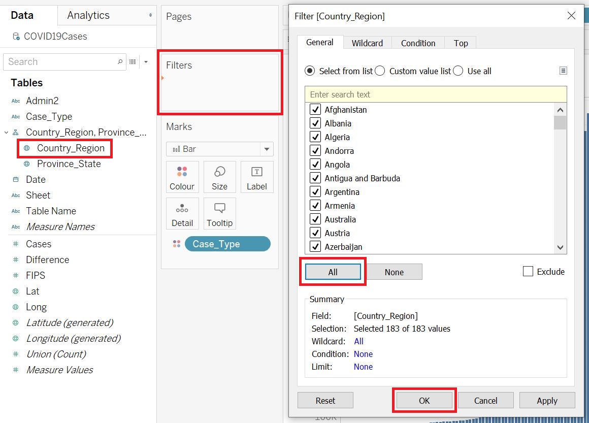 “Country_Region” in the Dimensions section is highlighted, as well as the Filters Shelf. The resulting pop-up window is also shown. 