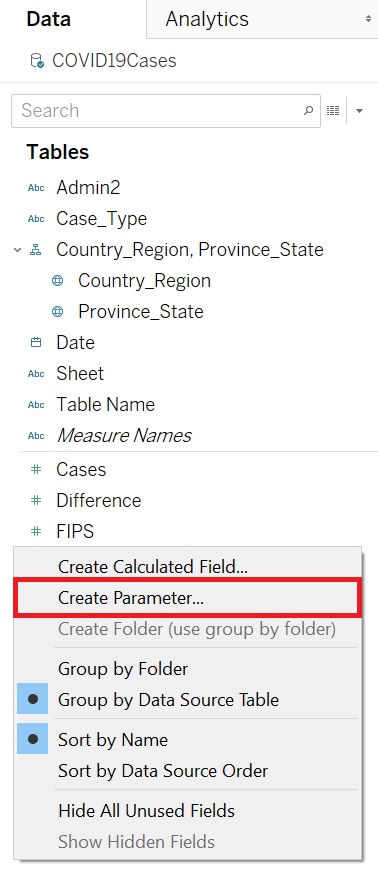 The Field menu displayed with the menu item “Create Parameter” highlighted.