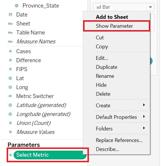 Menu that appears after clicking on Select Metric. The menu item "Show Parameter" is also highlighted.