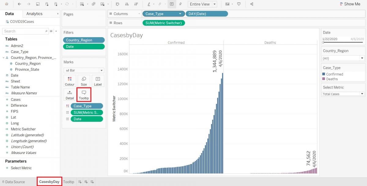 The CasesbyDay sheet with "Tooltip" on the marks card highlighted