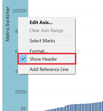 Y axis menu with the menu item "Show Header" highlighted