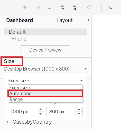 Dashboard side bar with the Size dropdown menu, the menu item "Automatic" is highlighted