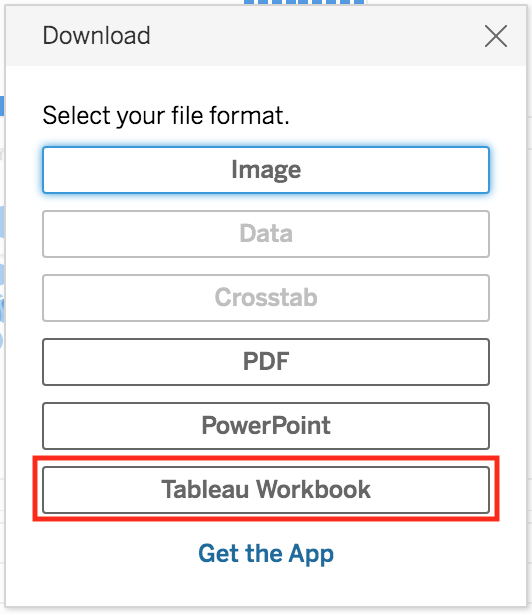 Download menu with Tableau Workbook option highlighted