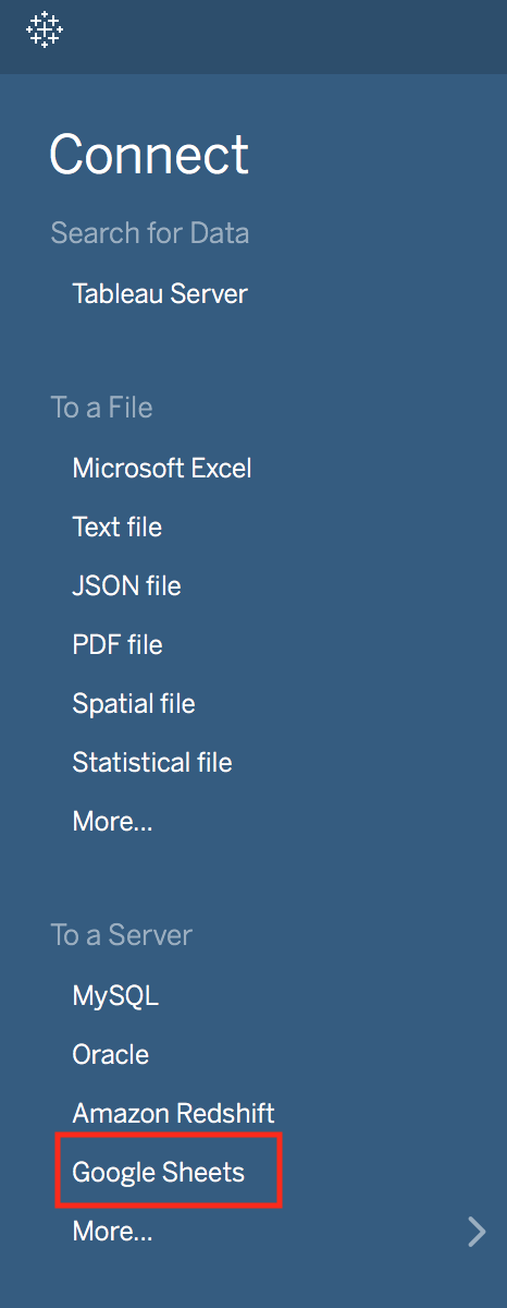 Tableau's connect menu. The option 'Google Sheets' is highlighted.
