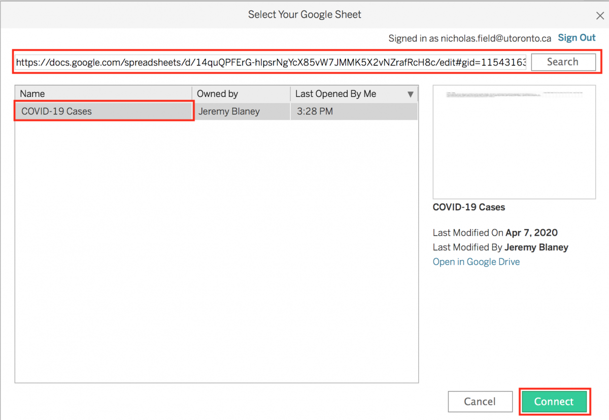 Window for selecting the Google sheet to connect to
