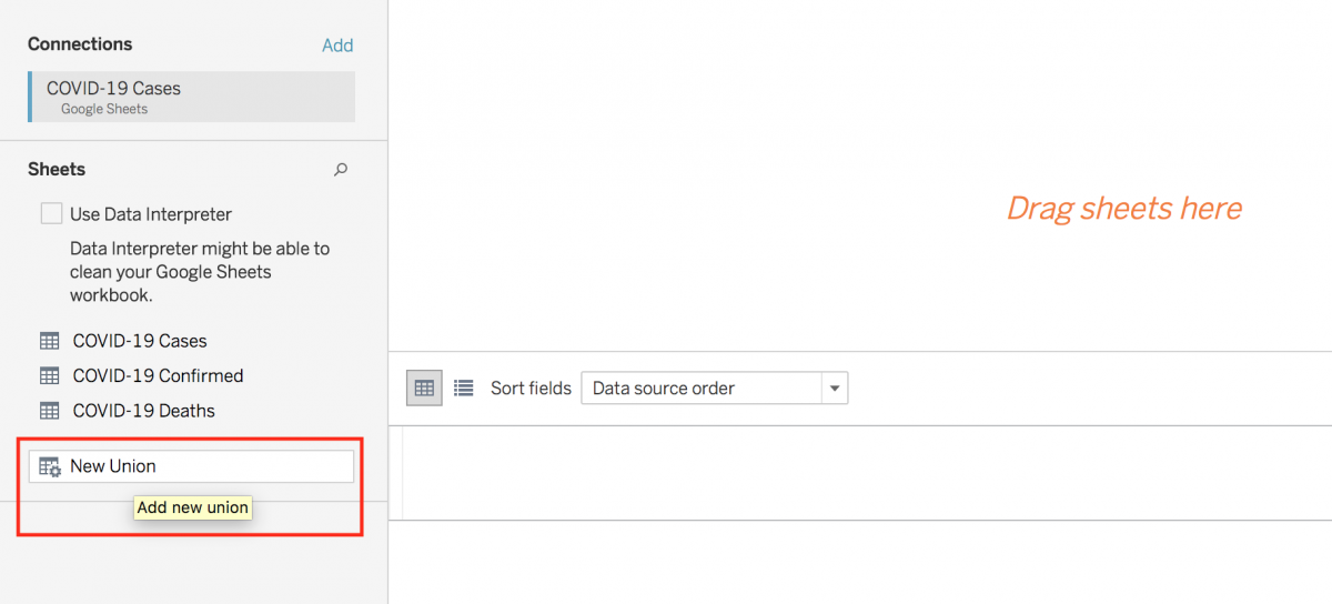 Tableau's database join page. 'New Union' is highlighted.
