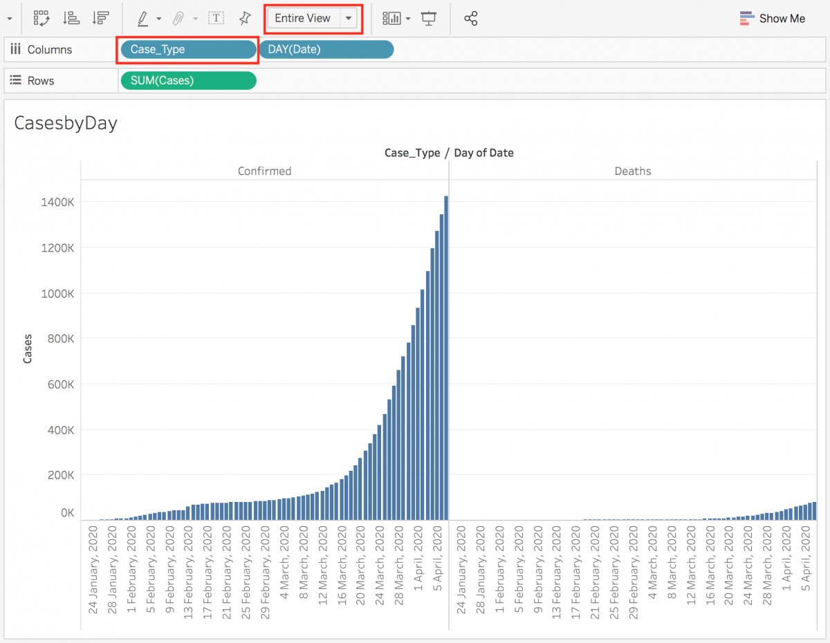 Two bar charts are displayed. Above them, the view option 'Entire View' and the pill 'Case_Type' highlighted