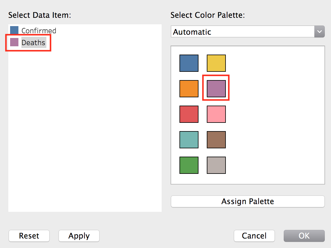 The "Edit colours" menu, with "Deaths" assigned colour changed to purple.