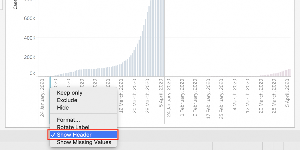 X-axis menu with the menu item "Show Header" highlighted.