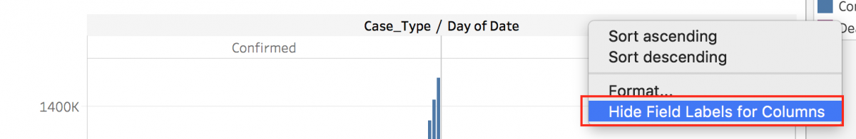 Dropdown menu for the Case_Type column. The menu item option "Hide Field Labels for Columns" is highlighted.