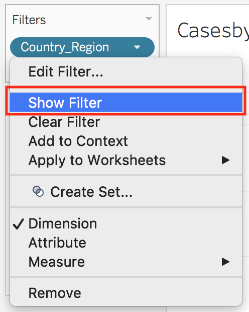 Dropdown menu for the "Country_Region" pill, with the menu item "Show Filter" highlighted.