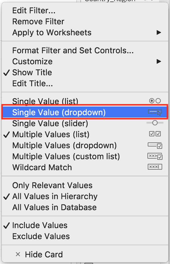 Dropdown menu for the “Country_Region” card, with the menu item “Single Value (dropdown)” selected.