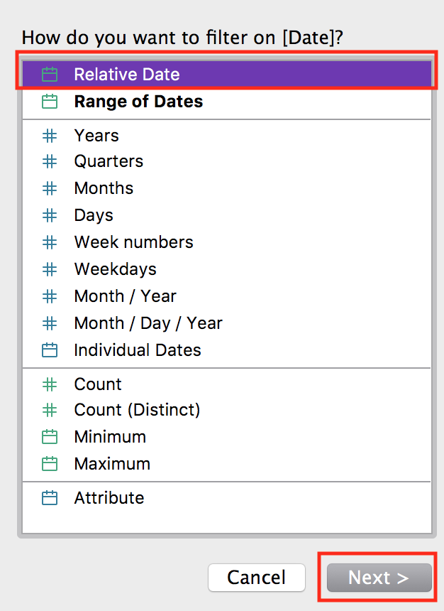 "Filter Field [Date]" pop up menu with the menu item "Relative Date" highlighted.