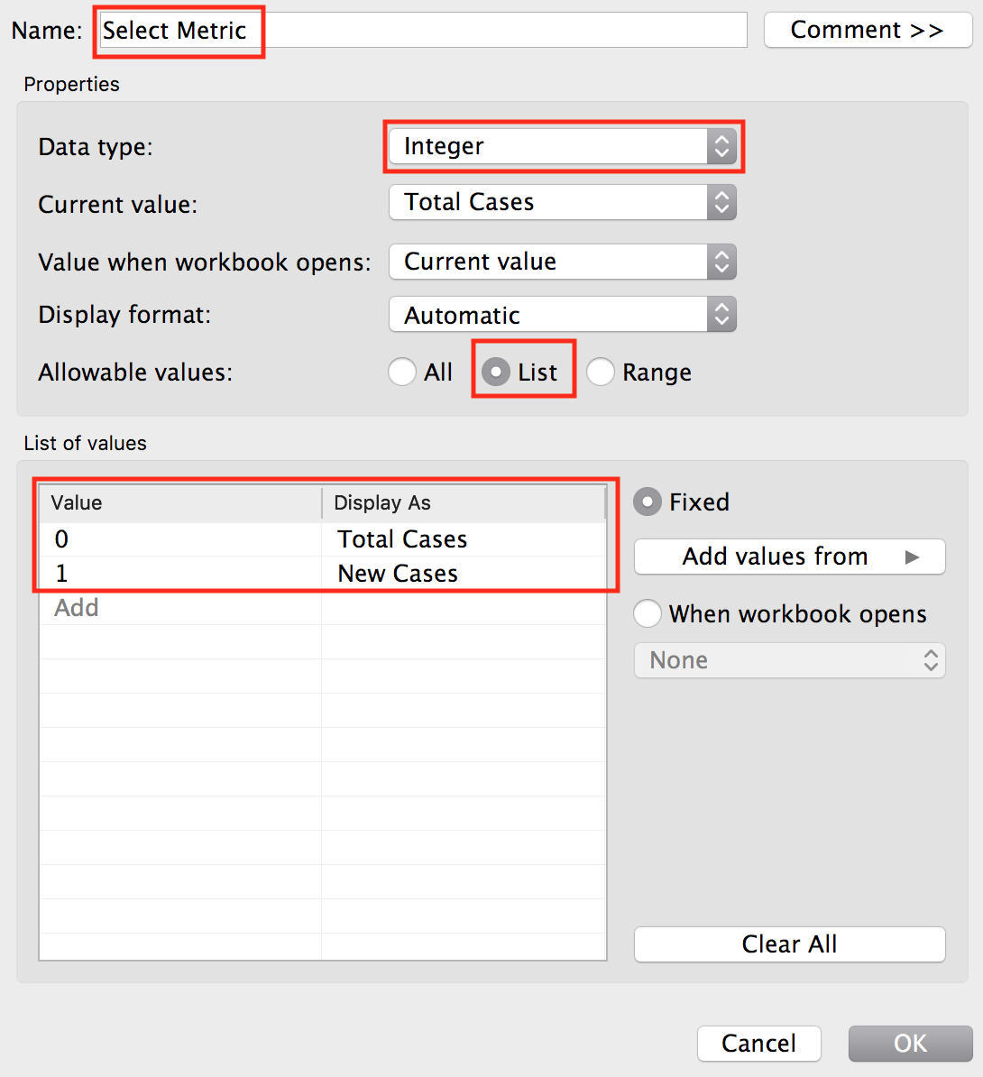 The "Create Parameter" pop up window with details filled in as described.