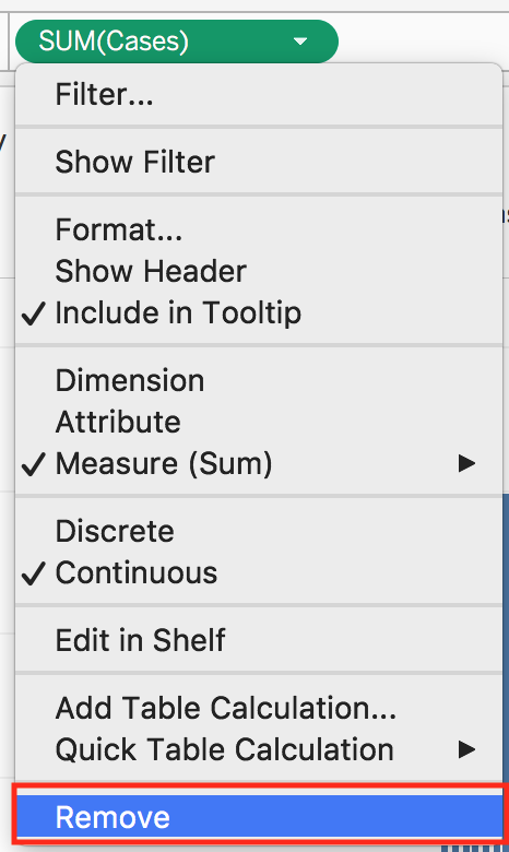 Dropdown menu for the pill "SUM(Cases)". The menu item "Remove" is highlighted.