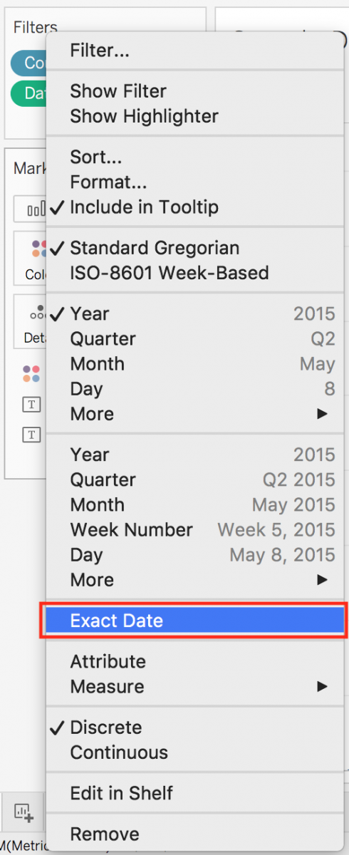 The menu from the "YEAR(Date)" pill, with the menu item "Exact Date" highlighted