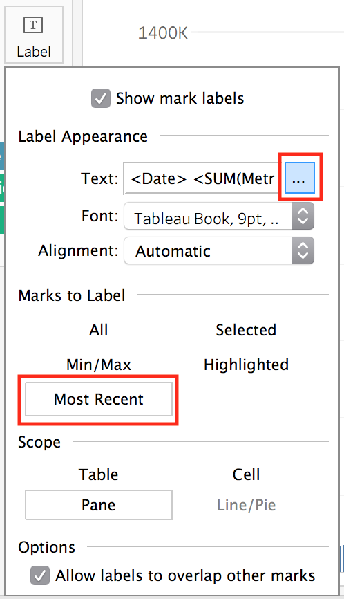 Label card window with the ellipses button and the "Most Recent" button highlighted.